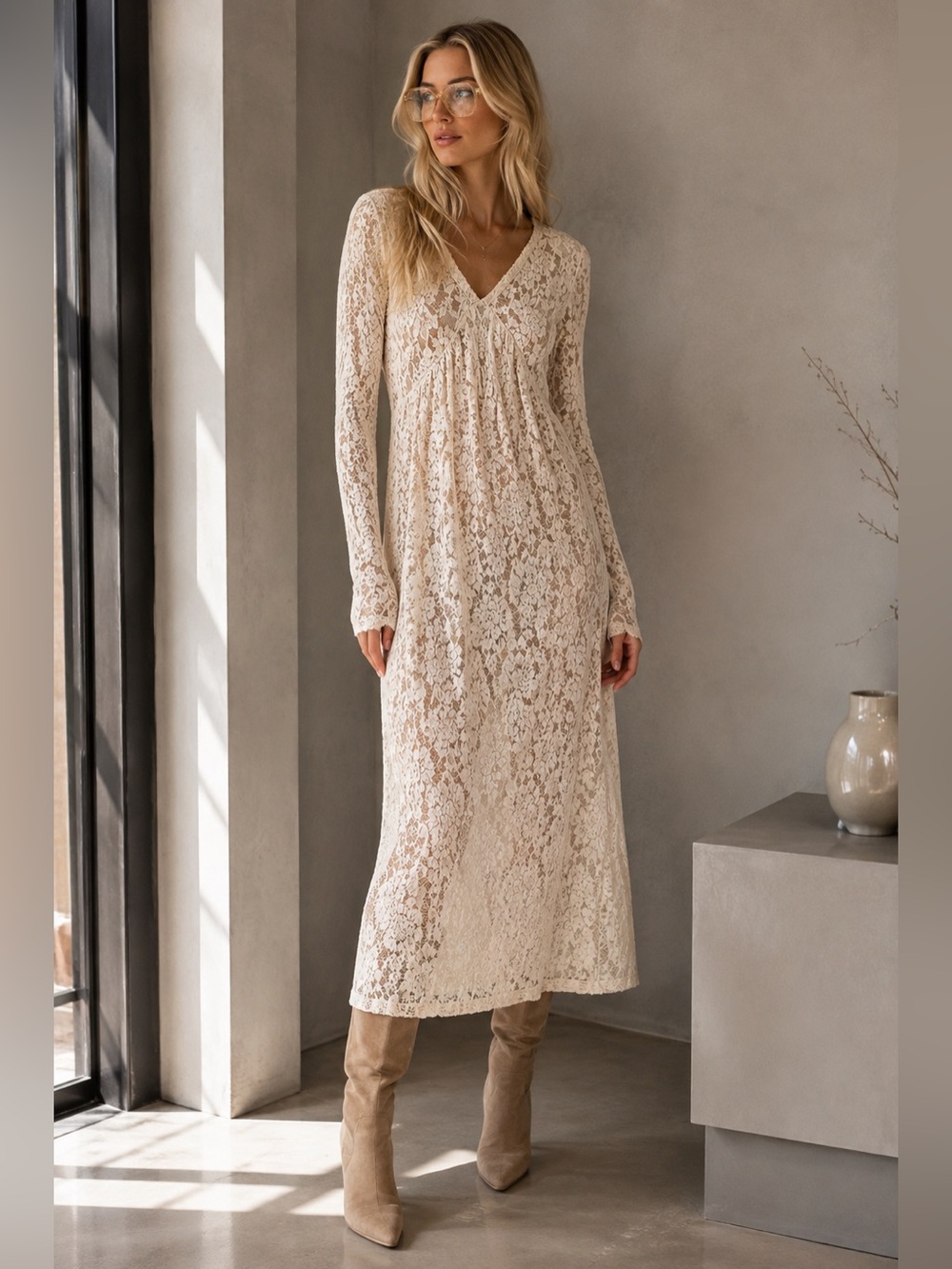 Zara Trafaluc Ivory Full Lace Long Sleeve Column Maxi Dress